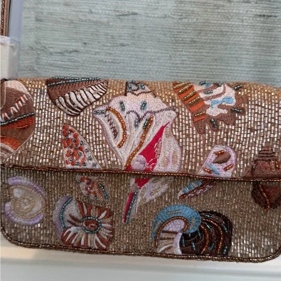 NWT new Anthropologie Fiona beaded sea shell seashell Tan Shoulder Bag purse - Picture 9 of 17